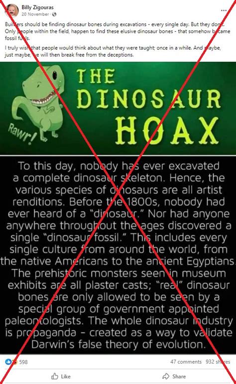 Posts share false 'dinosaur hoax' claim in bid to discredit Darwinism.